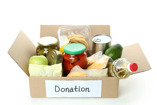 Caja Donación Con Alimentos Aislados Sobre Fondo Blanco — Foto de Stock