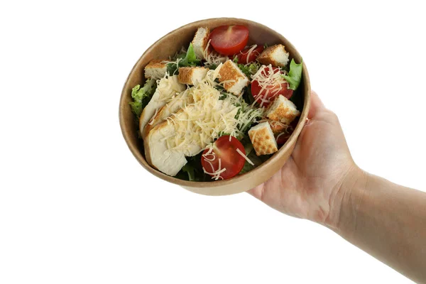 Female Hand Holds Delivery Bowl Caesar Salad Isolated White Background — 图库照片