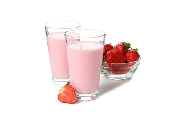 Lunettes Milkshake Aux Fraises Ingrédients Isolés Sur Fond Blanc — Photo