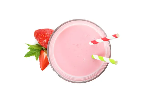 Glas Aardbeienmilkshake Geïsoleerd Witte Achtergrond — Stockfoto
