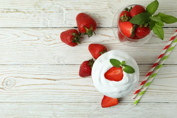 Glass Strawberry Milkshake Ingredients White Wooden Table — Stock Photo, Image