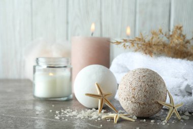Body care concept with bath balls, space for text