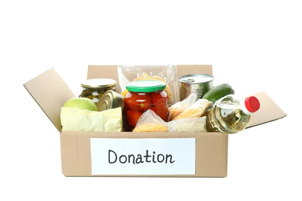 Caja Donación Con Alimentos Aislados Sobre Fondo Blanco — Foto de Stock
