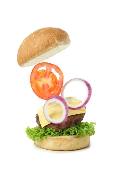 Έννοια Του Burger Μαγείρεμα Απομονώνονται Λευκό Φόντο — Φωτογραφία Αρχείου