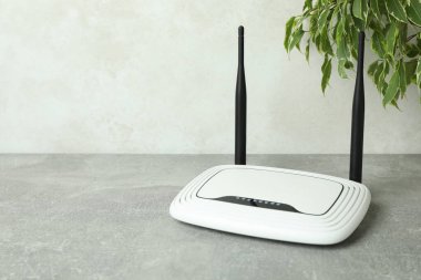 Wi-Fi yönlendirici ve bitki gri desenli masa üzerinde