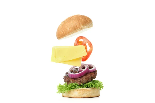 Έννοια Του Burger Μαγείρεμα Απομονώνονται Λευκό Φόντο — Φωτογραφία Αρχείου