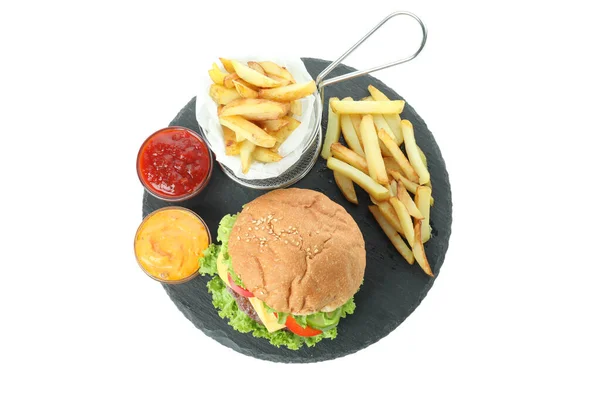 Έννοια Της Νόστιμο Φαγητό Burger Απομονώνονται Λευκό Φόντο — Φωτογραφία Αρχείου
