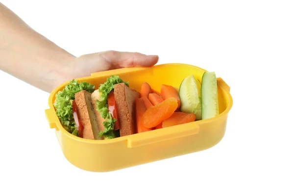 Vrouwelijke Hand Houdt Lunch Box Geïsoleerd Witte Achtergrond — Stockfoto