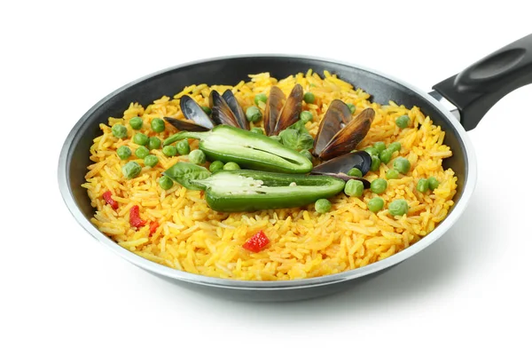 Deliziosa Paella Spagnola Isolata Sfondo Bianco — Foto Stock