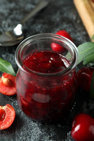 Cherry Jam Ingredients Black Smokey Table — Stock Photo, Image