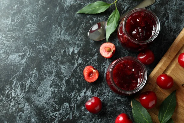 Cherry Jam Ingredients Black Smokey Table — Stock Photo, Image