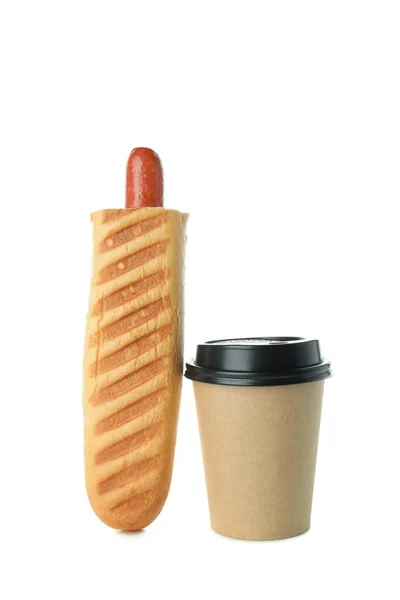 Savoureux Hot Dog Français Café Isolé Sur Fond Blanc — Photo