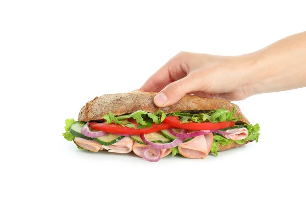 Weibliche Hand Hält Ciabatta Sandwich Isoliert Auf Weißem Hintergrund — Stockfoto