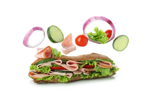Ciabatta Sandwich Und Zutaten Isoliert Auf Weißem Hintergrund — Stockfoto