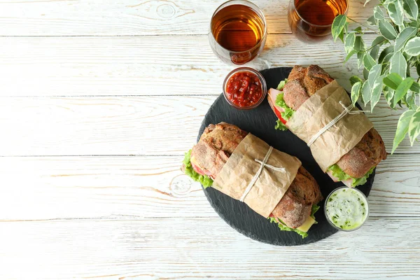 Concept Tasty Eating Ciabatta Sandwiches White Wooden Table — Stock Photo, Image