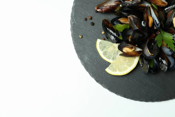 Concetto Cibo Delizioso Con Cozze Sfondo Bianco — Foto Stock