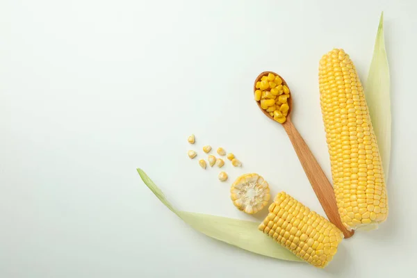 Spoon Corn Seeds Corn White Background — Stock Photo, Image