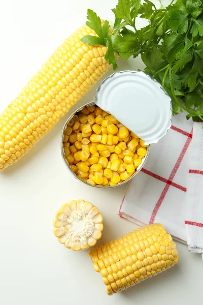 Raw Corn Canned Corn White Table — Stock Photo, Image