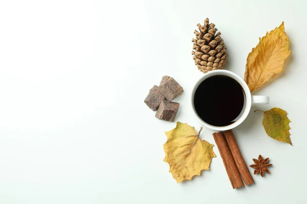 Cozy autumn concept background with coffee drink