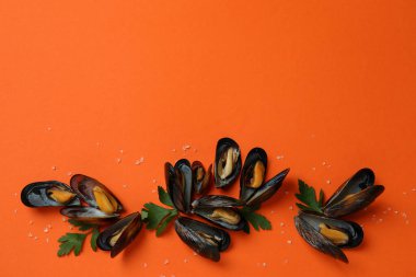 Turuncu zemin üzerinde taze midyeler, metin için boşluk
