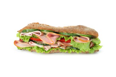 Beyaz arka planda izole edilmiş lezzetli ciabatta sandviçi.