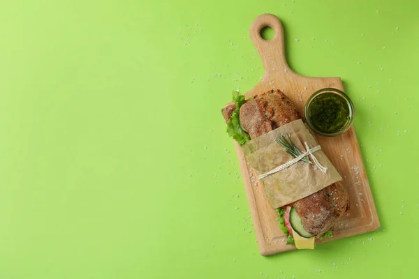 Board Ciabatta Sandwich Sauce Salt Green Background — Stock Photo, Image