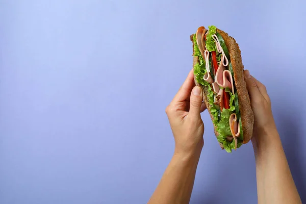 Vrouwelijke Handen Houden Ciabatta Sandwich Violette Achtergrond — Stockfoto