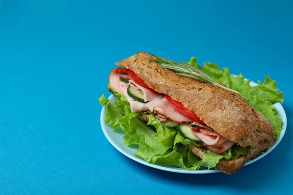 Assiette Avec Sandwich Ciabatta Sur Fond Bleu — Photo