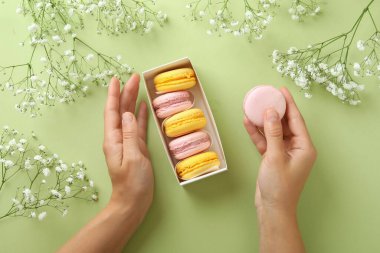 Yeşil arka planda badem kurabiyesi olan lezzetli tatlı kavramı.