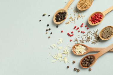 Açık gri arka planda farklı baharatlı tahta kaşıklar.