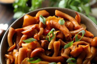 Bir kase marine edilmiş mantar, yakın çekim ve seçici odaklanma.