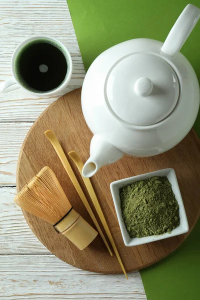 Concept Japanese Tea Matcha White Wooden Table — Stock Photo, Image
