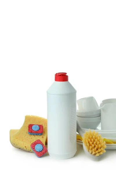 Concepto Accesorios Detergente Para Lavavajillas Aislados Sobre Fondo Blanco — Foto de Stock