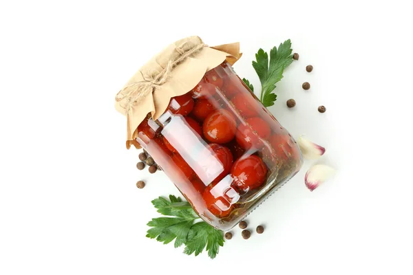 Tarro Tomates Escabeche Ingredientes Aislados Sobre Fondo Blanco —  Fotos de Stock