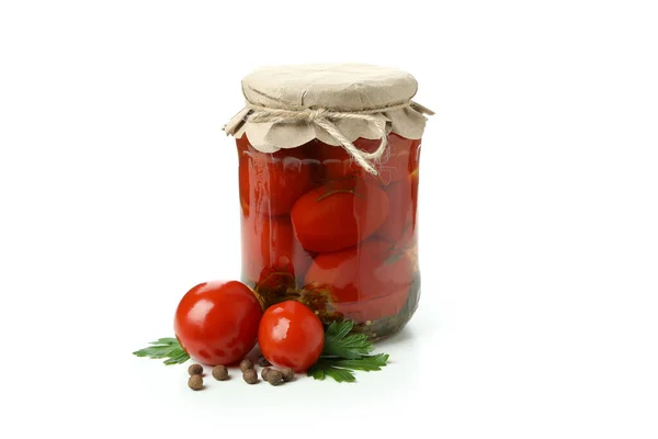 在白色背景查出的腌制西红柿罐 — 图库照片