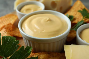 Patates kızartması ve peynir soslu atıştırmalık kavramı.