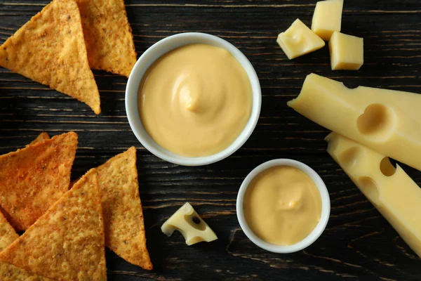 Cheese Sauce Cheese Chips Rustic Wooden Table — Stock Photo, Image