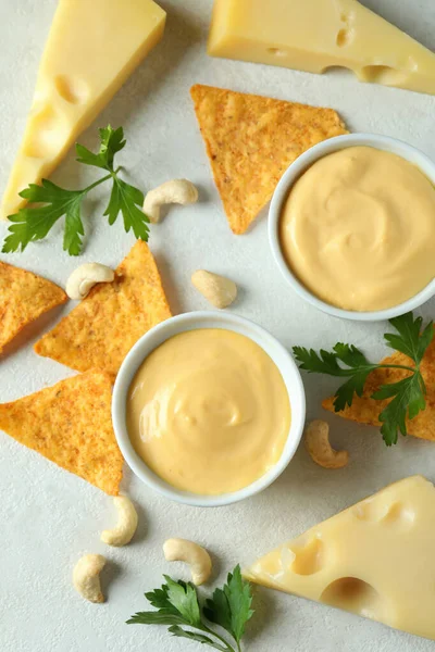 Cheese Sauce Snacks White Textured Table — Stock Photo, Image