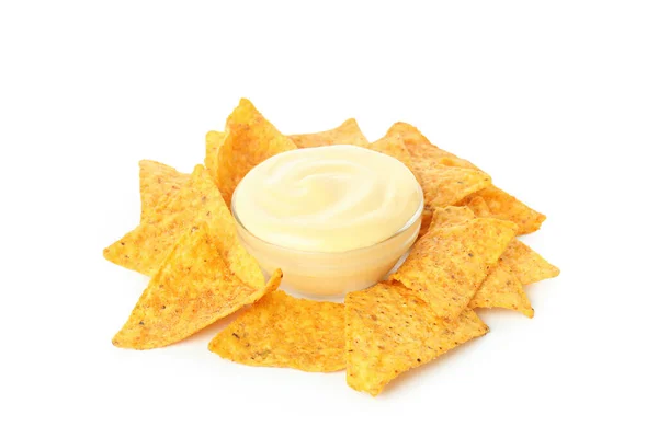 Miska Sosem Serowym Chipsy Izolowane Białym Tle — Zdjęcie stockowe