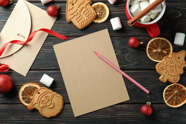 Christmas Accessories Blank Wishlist Wooden Table Top View — Stock Photo, Image