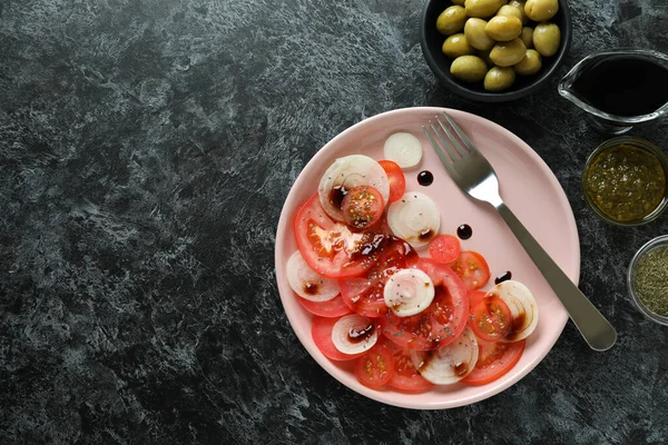 Concept Tasty Food Tomato Carpaccio Black Smokey Table — Stock Photo, Image