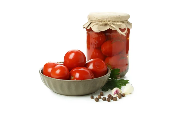 Tarro Tazón Con Tomates Escabeche Aislados Sobre Fondo Blanco —  Fotos de Stock