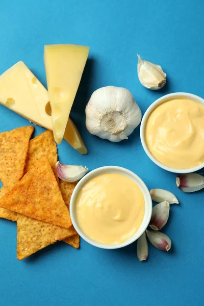 Cheese Sauce Ingredients Chips Blue Background — Stock Photo, Image