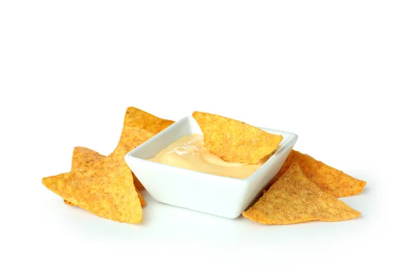 Bowl Cheese Sauce Chips Isolated White Background — Stock Photo, Image