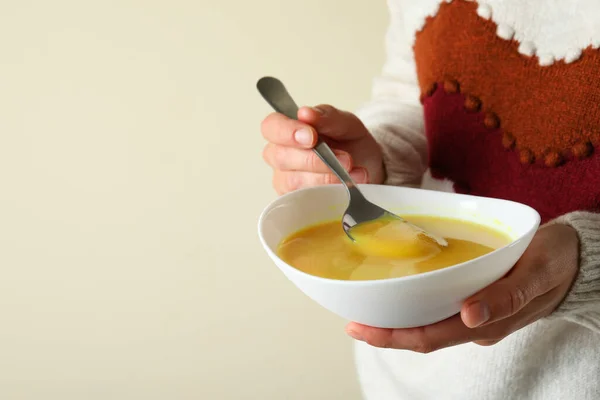 Concepto Sabroso Comer Con Sopa Calabaza Espacio Para Texto — Foto de Stock