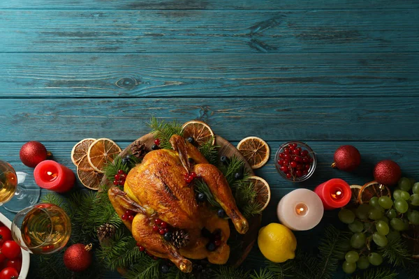 Concepto Pavo Asado Navidad Sobre Mesa Madera — Foto de Stock