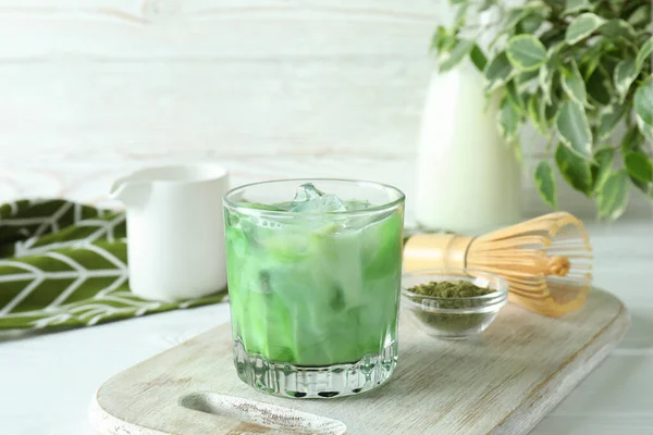 Matcha Latte Acessórios Para Fazer Mesa Madeira Branca — Fotografia de Stock