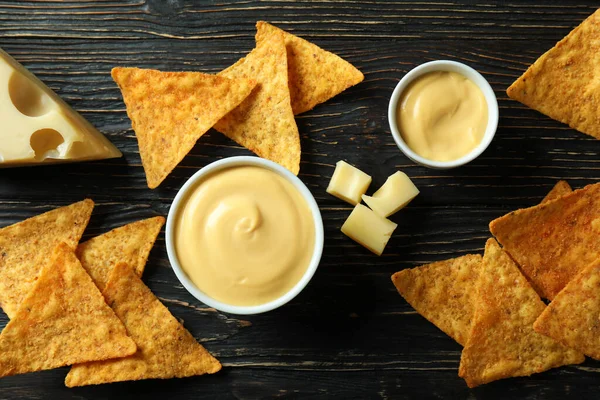 Cheese Sauce Cheese Chips Rustic Wooden Table — Stock Photo, Image