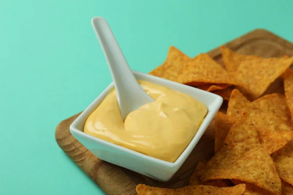 Board Cheese Sauce Chips Mint Background — Stock Photo, Image