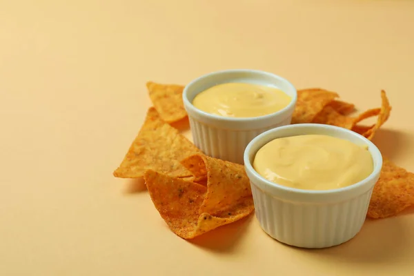 Bowls Cheese Sauce Chips Beige Background — Stock Photo, Image